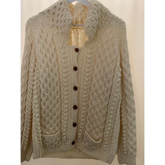 Vintage Hand Knit 1980's Button Down Cardigan Sweater in Ivory - Picture 1 of 7